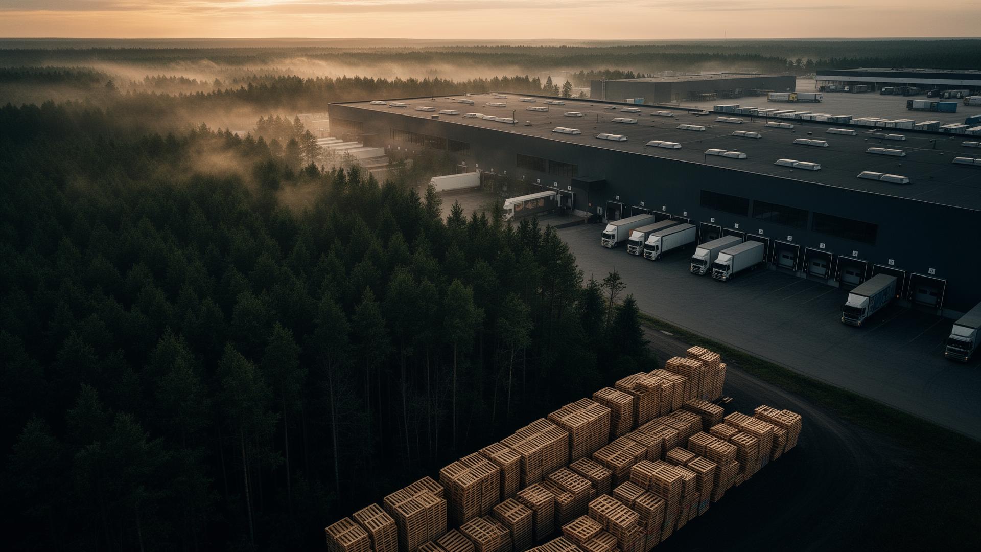 Aerial view of a forest meeting a logistics warehouse at dawn with stacks of wooden pallets