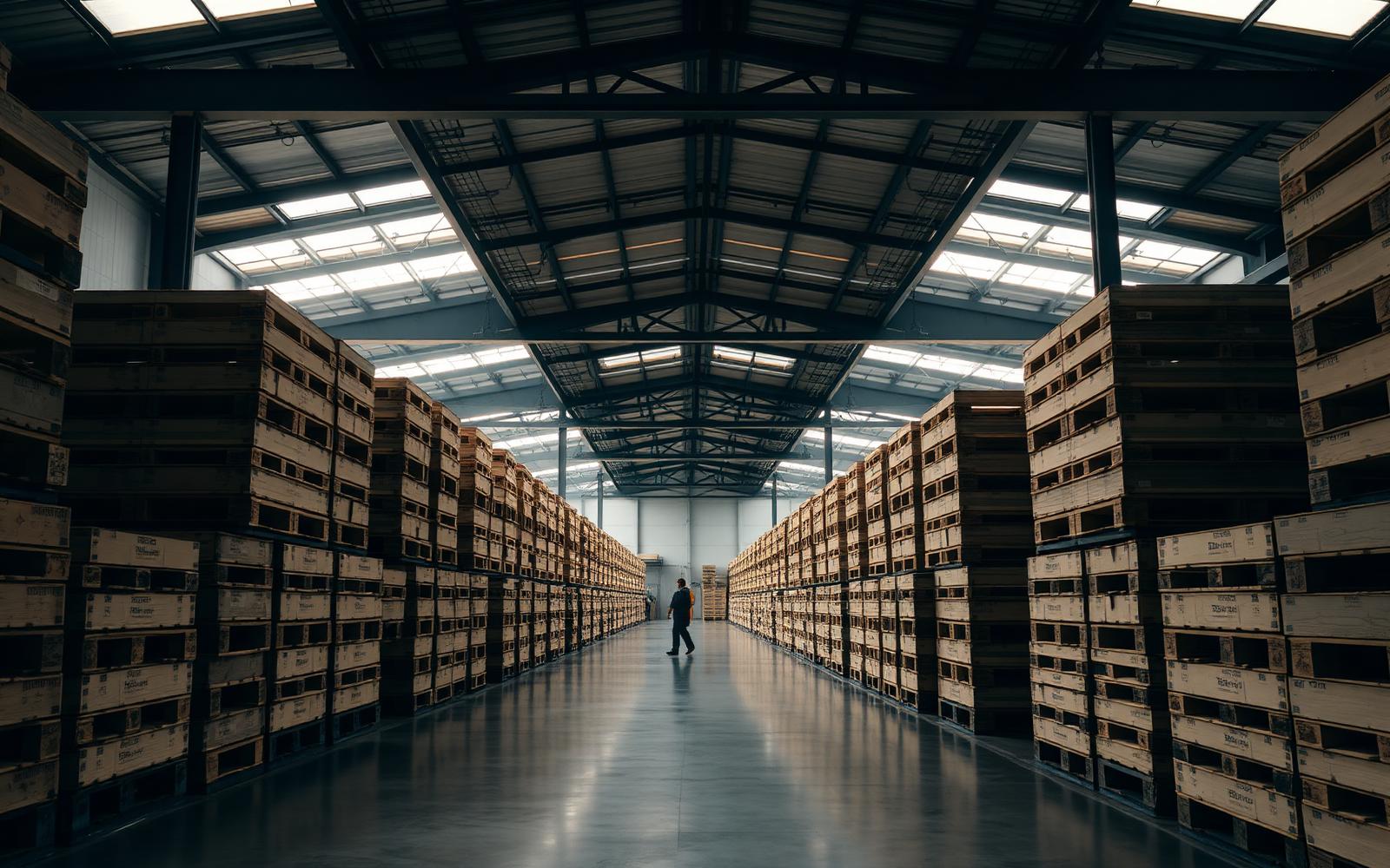 Modern warehouse interior lined with stacks of wooden pallets